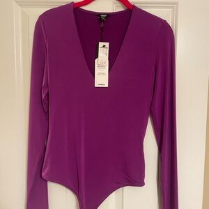 Express Women's Purple Long Sleeve Thong Bodysuit